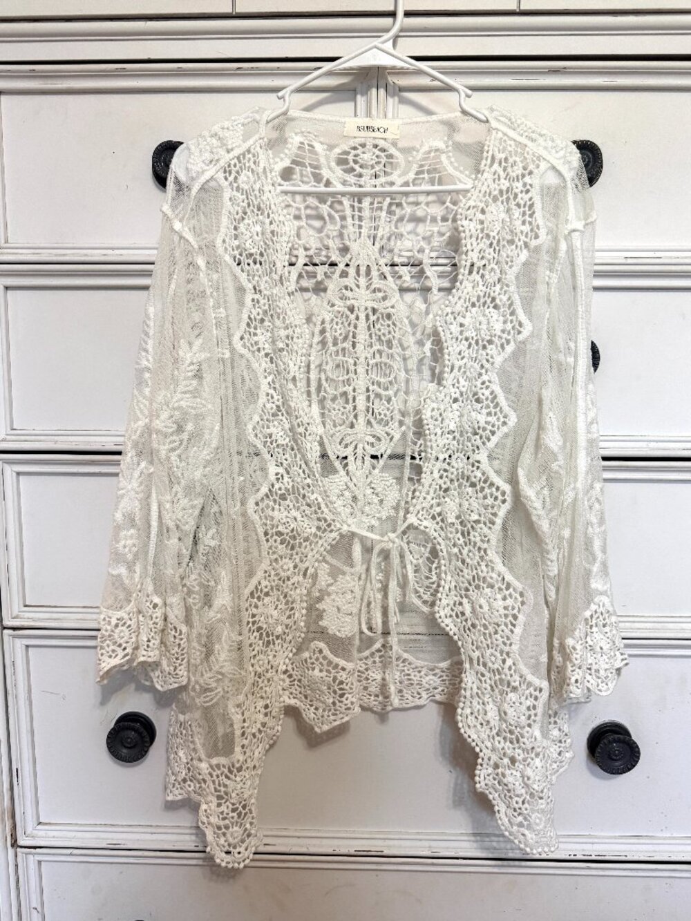 Bsubseach crochet Beach Coverup Sweater in White with front tie One-Size